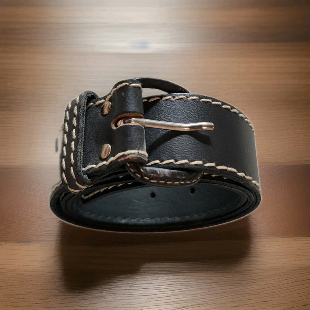 Vintage Alme Belts Black Leather Belt Contrast Stitch Leather Wrapped Buckle